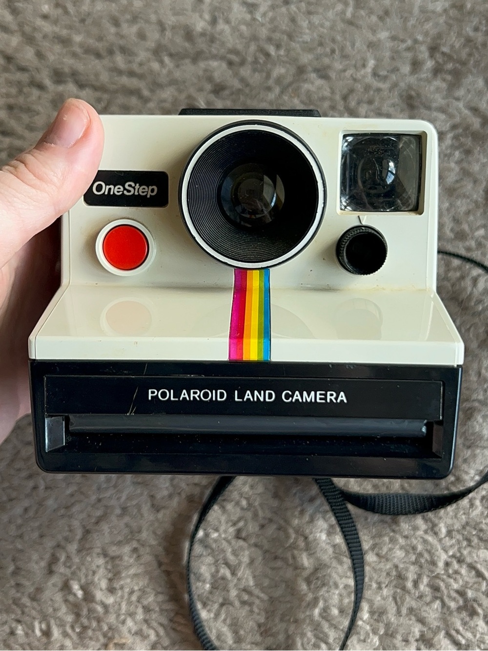 Polaroid One Step Land Camera White Instant with Red Button and Rainbow Stripe